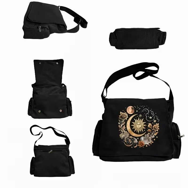 Large Capacity Shoulder Bag • Retro Flap Tote Crossbody Messenger Style • Moon, Star &amp; Floral Patterns