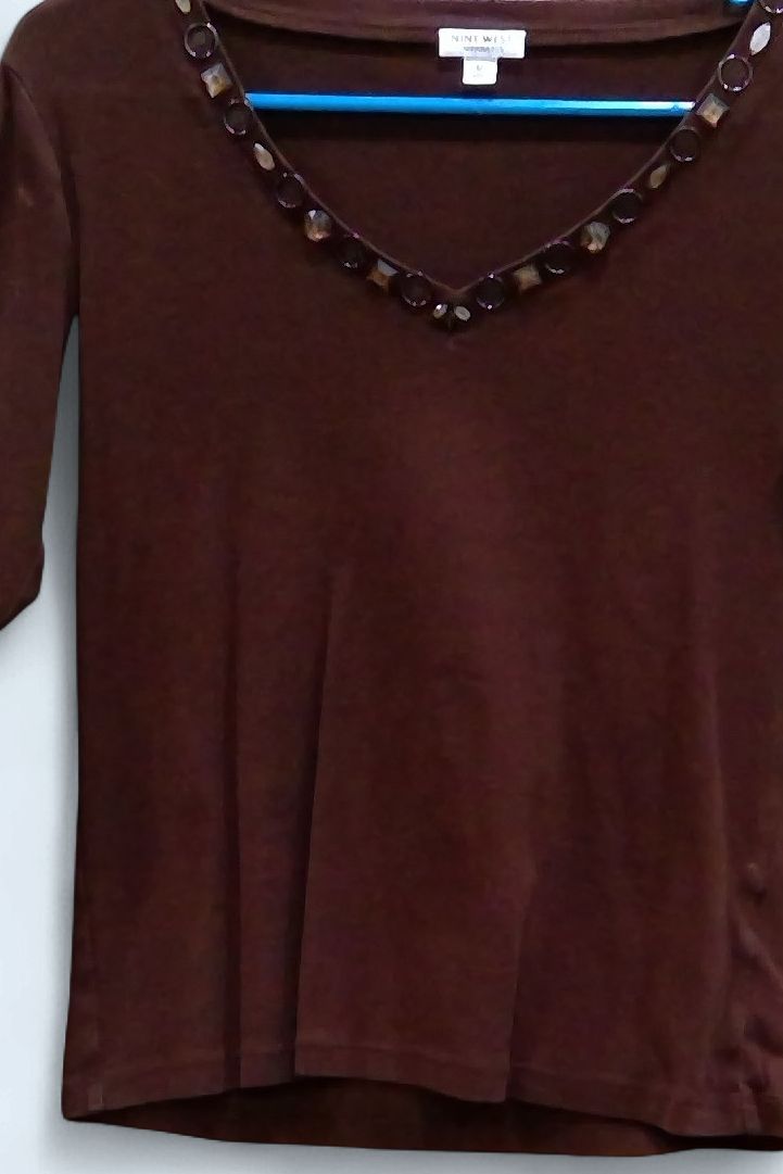 Nine West Brown V Neck Top  3/4 In Sleeves Size m
