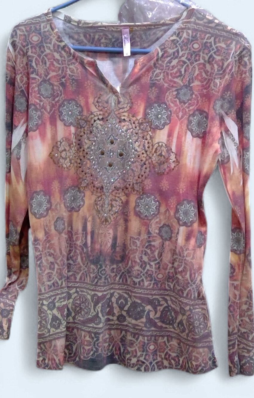 Kiara Boho Printed Long Sleeve Blouse With Rhinestones Size m Kiara Boho Printed Long Sleeve Blouse With Rhinestones Size m