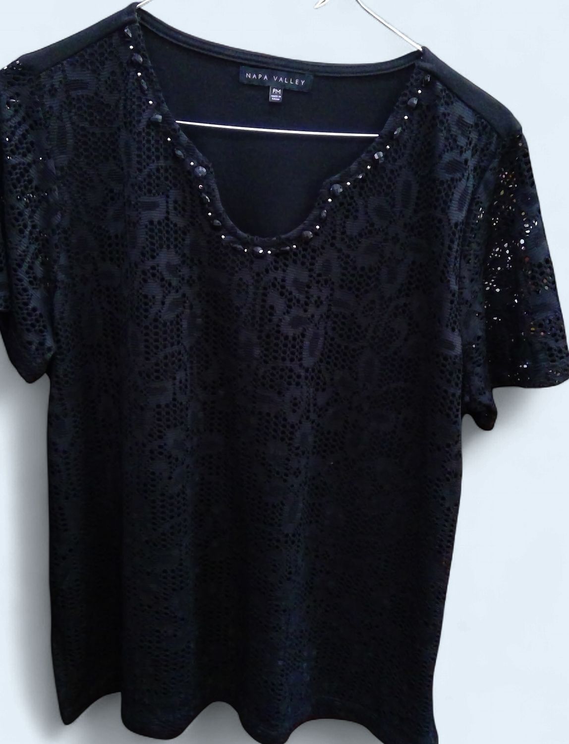 Napa Valley Womens Black Beaded Lace Blouse Size  pm