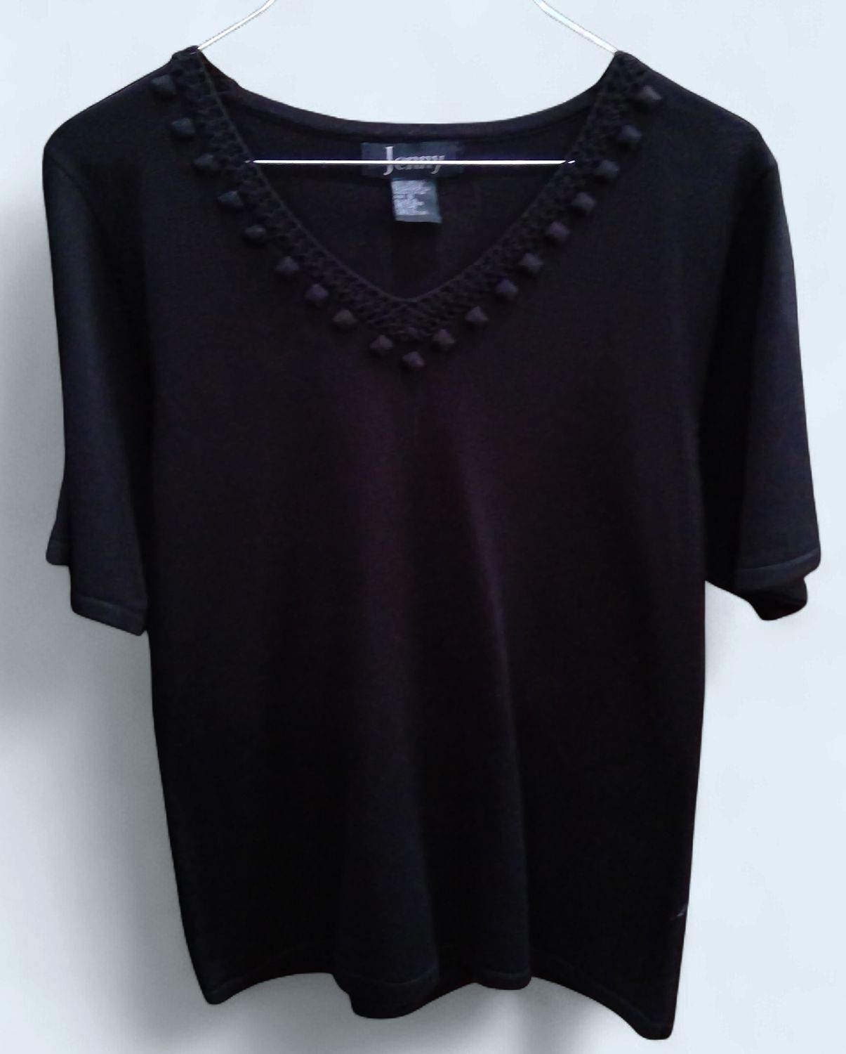Jenny Black Womens Acrylic Short Sleeved Sweater V Neck  Size  S