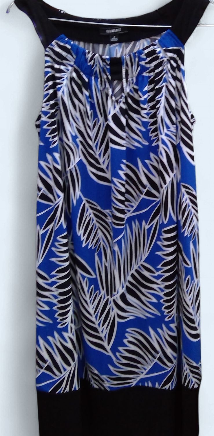 Elementz Dress With Blue Black White Palm Tree Pattern Size s Elementz Dress With Blue Black White Palm Tree Pattern Size s