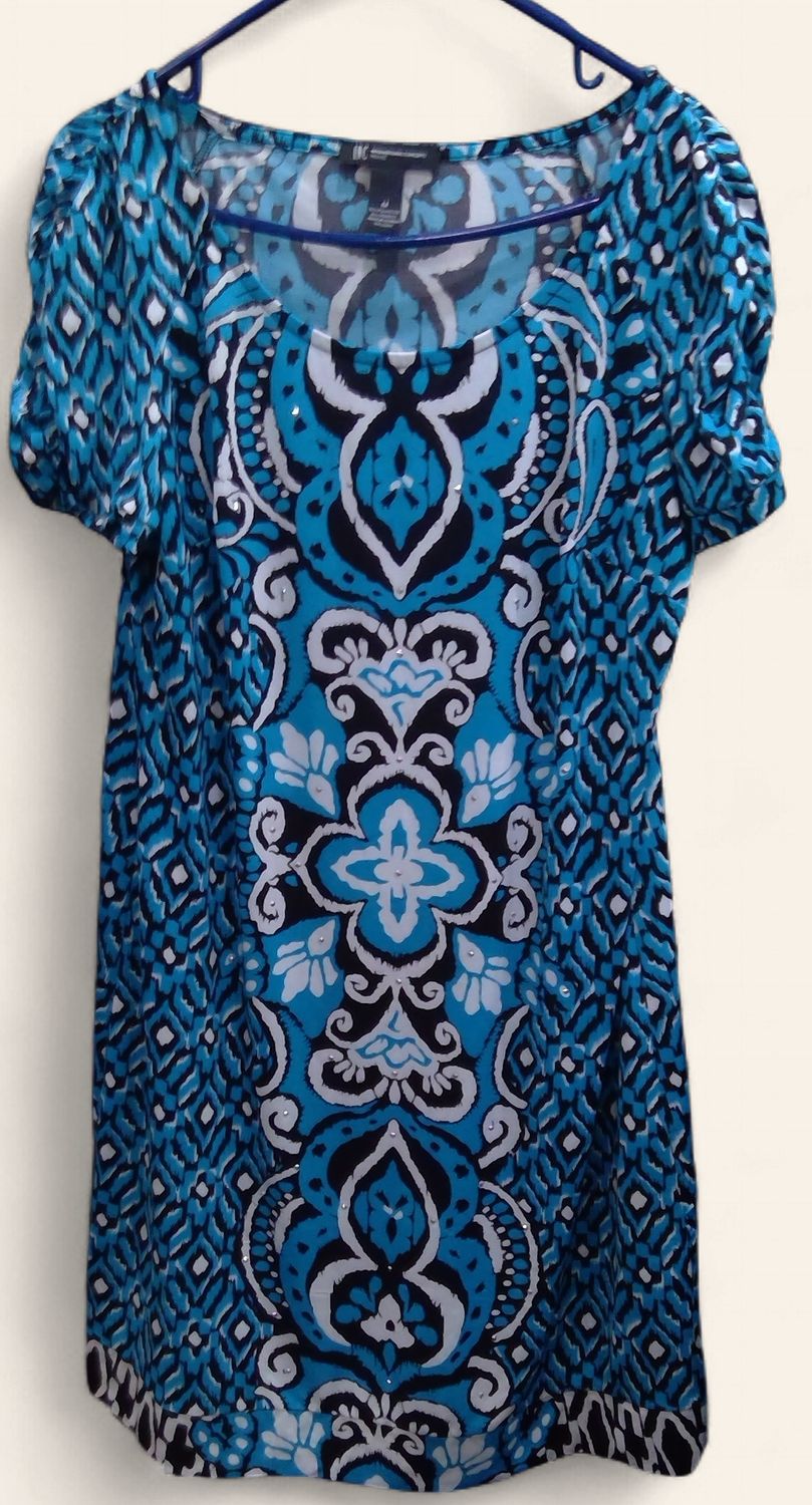 INC International Concepts Dress Teal Black White Patterned Design Size m INC International Concepts Dress Teal Black White Patterned Design Size m