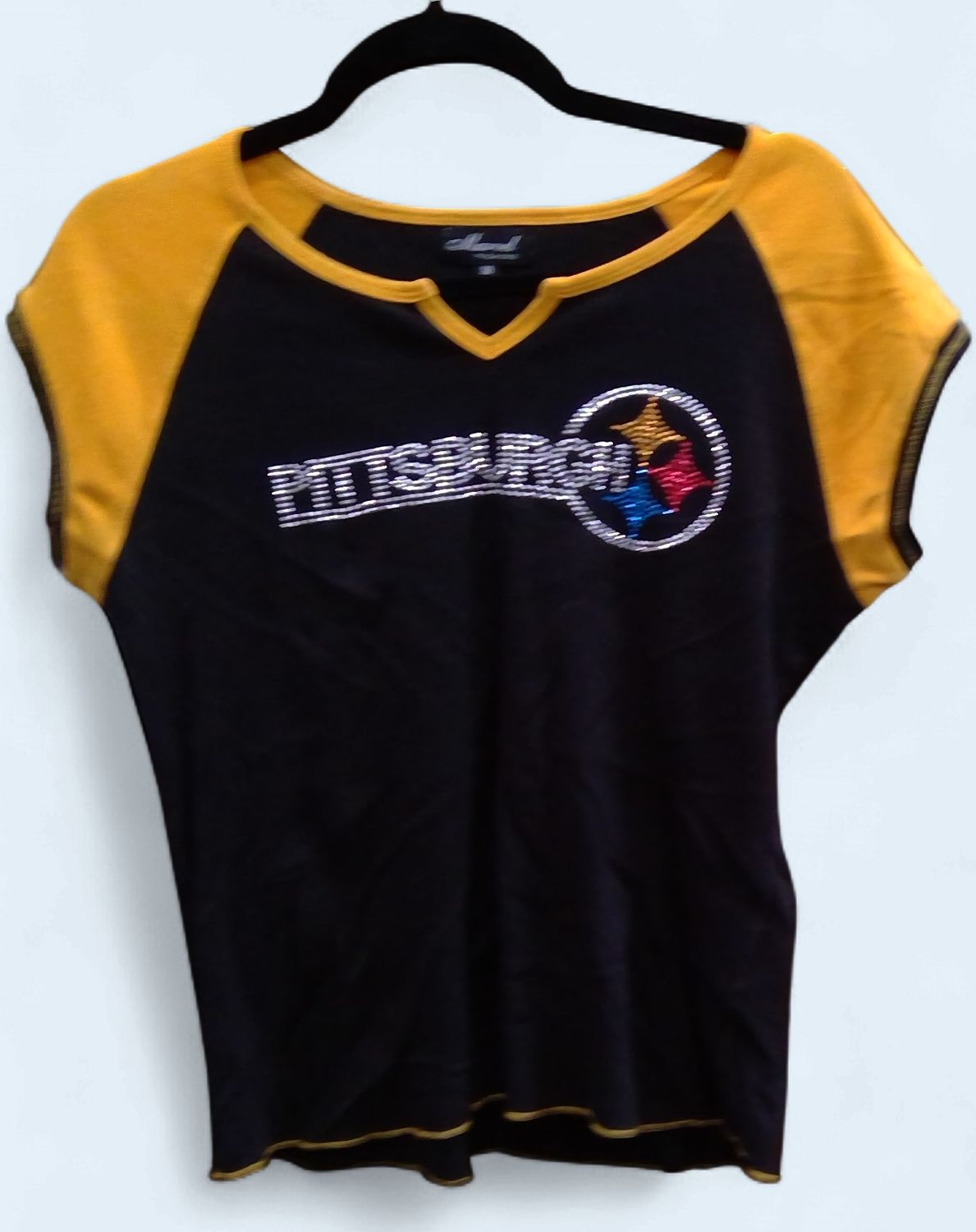 Marvel Fashions Black Yellow Steelers Emblem In Rhinestones Size m Marvel Fashions Black Yellow Steelers Emblem In Rhinestones Size m