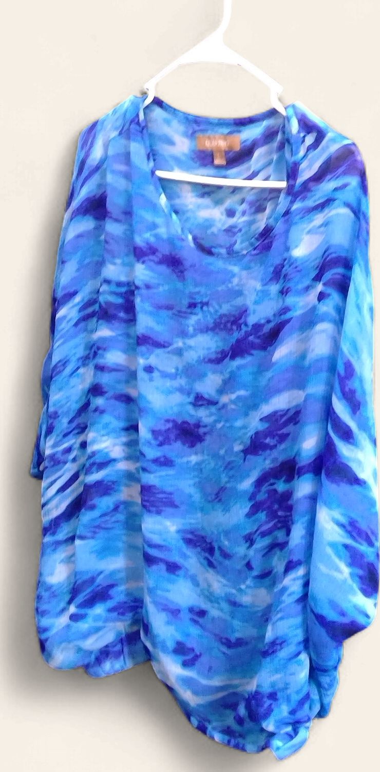 Ellen Tracy Blue Dolman Sleeve Blouse Watercolor Print Size L Ellen Tracy Blue Dolman Sleeve Blouse Watercolor Print Size L