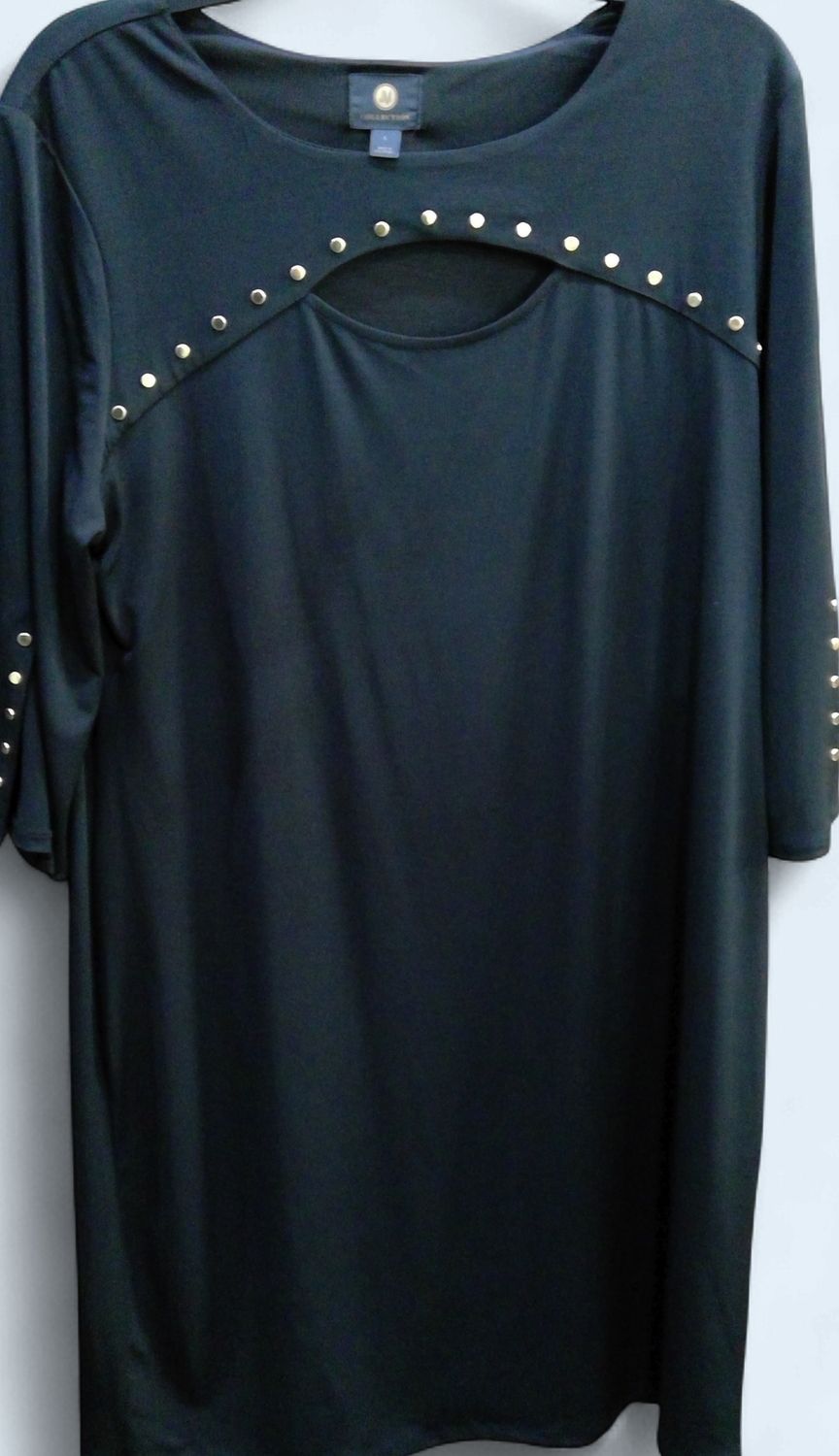 JM Collection Black Dress Cutout Neck Gold Studs Around Neck And Sloeeves Size l JM Collection Black Dress Cutout Neck Gold Studs Around Neck And Sloeeves Size l