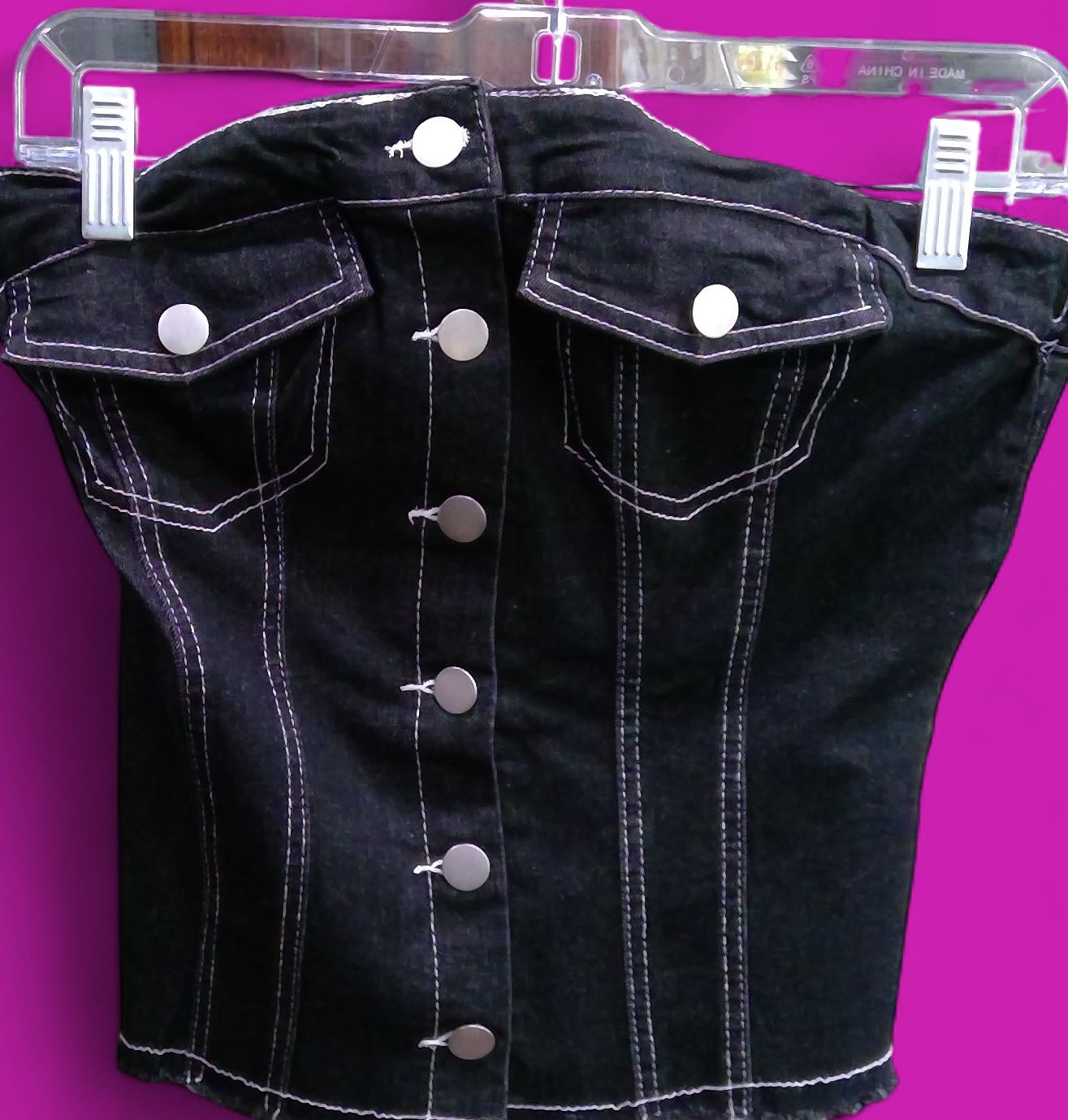 Black Denim Corset Halter Top Wite Stitching Button Up Black Denim Corset Halter Top Wite Stitching Button Up