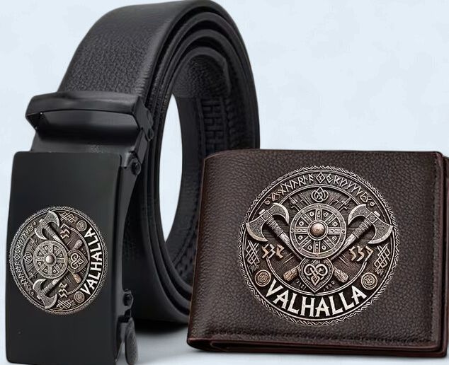 Valhalla Awaits Badge Men'S Folding Wallet And Men'S Belt Combination Set, Valhalla Awaits Badge Men'S Folding Wallet And Men'S Belt Combination Set,