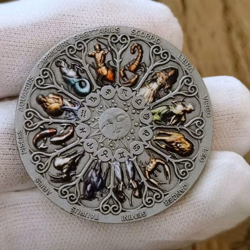 Zodiac Signs Constellation Culture Astrology Silvery Plated Commemorative Collectible Coin Value Luck Gifts Novelty Coin, Novelty Commemorative Coin