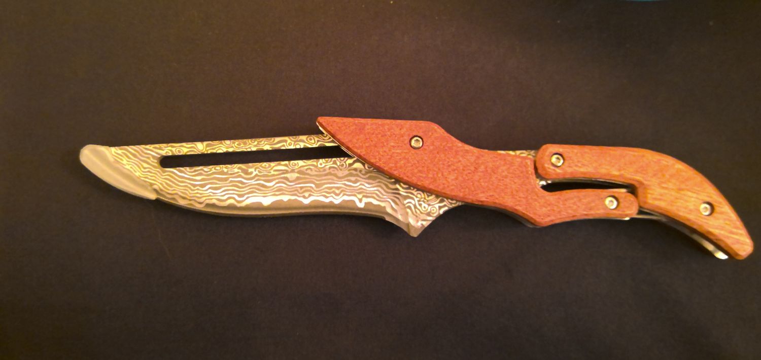 Wooden Handle Damascus Hinged Knife