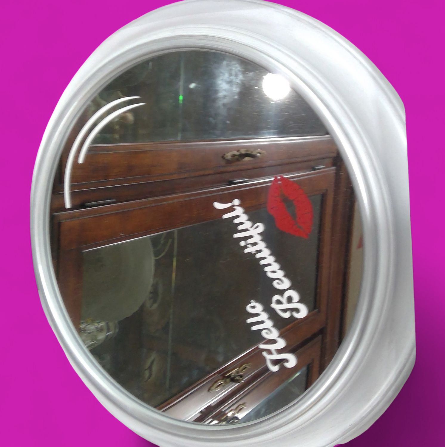 Round White Wall Mirror Hello Beautiful Script Red Lip Decal Round White Wall Mirror Hello Beautiful Script Red Lip Decal