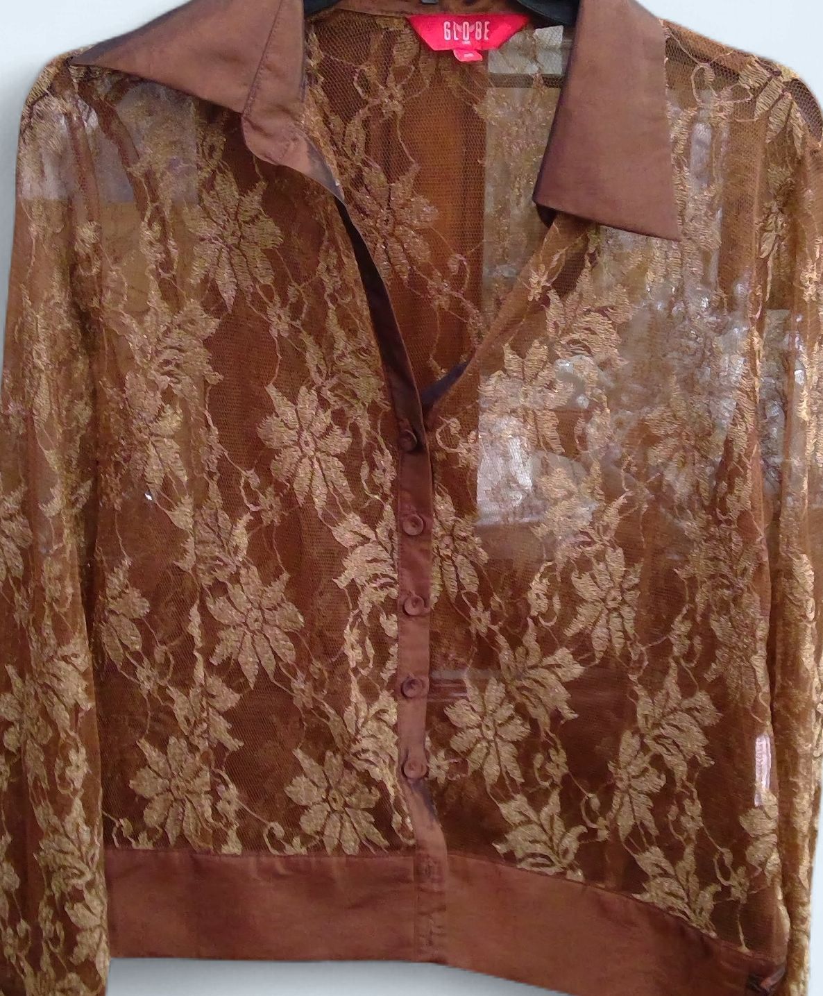 Globe Brown Sheer Floral Lace Button Down Blouse Size 2 Globe Brown Sheer Floral Lace Button Down Blouse Size 2