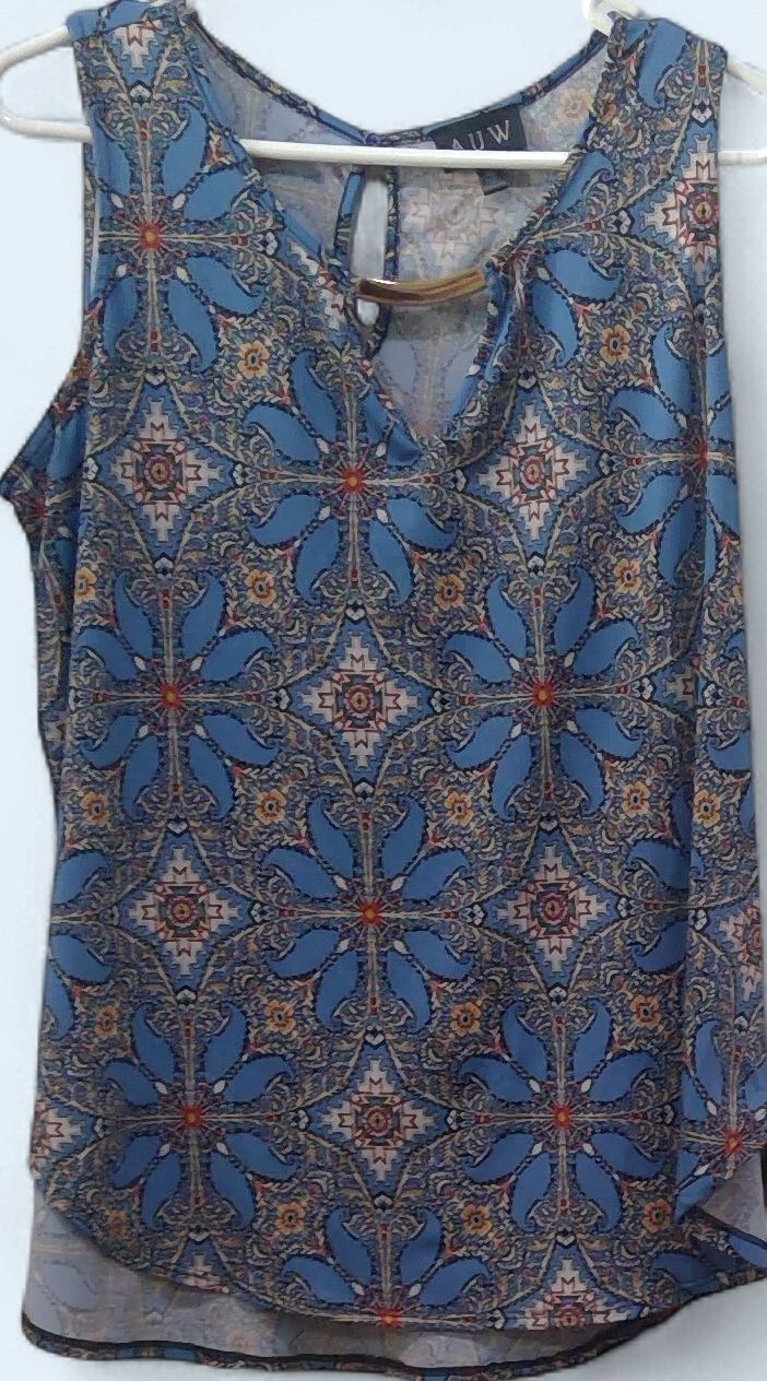 Auw Hawthorn Blue Red Boho Geometric Sleeveless Top Size xl
