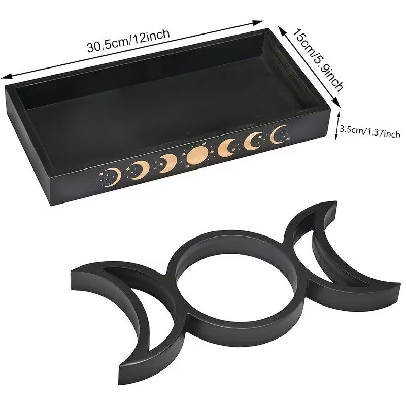 Wooden Jewelry Crystal Display Tray with Crescent Moon and Full Moon Cutout Design, for Home Living Room and Bedroom Interior Decoration