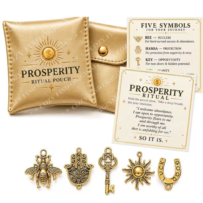 The Lucky Pouch with Prosperity Symbols And Affirmation Card, 5pcs