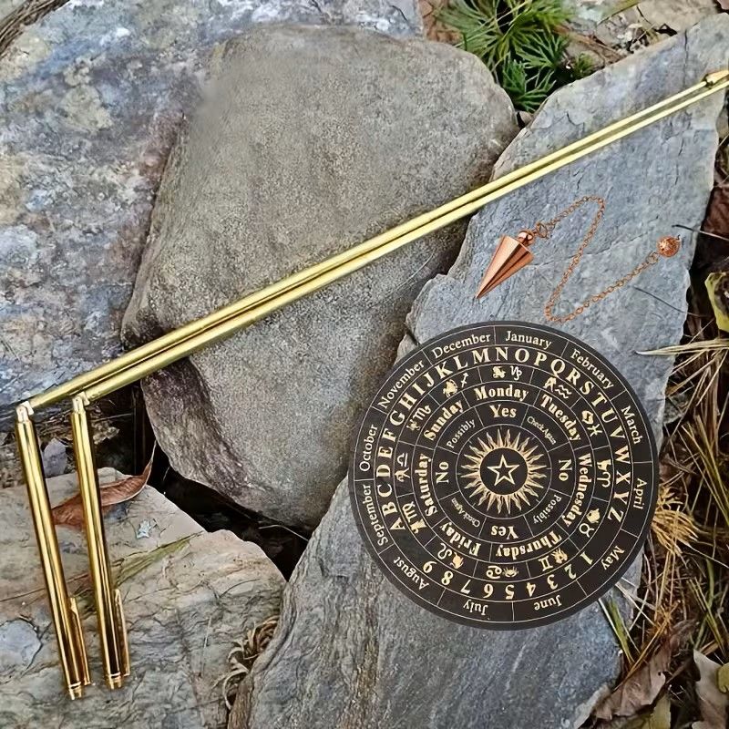 Set of 4 Pure Copper Retractable Folding Dowsing Sticks, Including a Star Pendulum Board and a Pair of Dowsing Rods