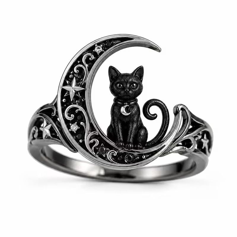 Moon &amp; Black Cat Ring - size 7