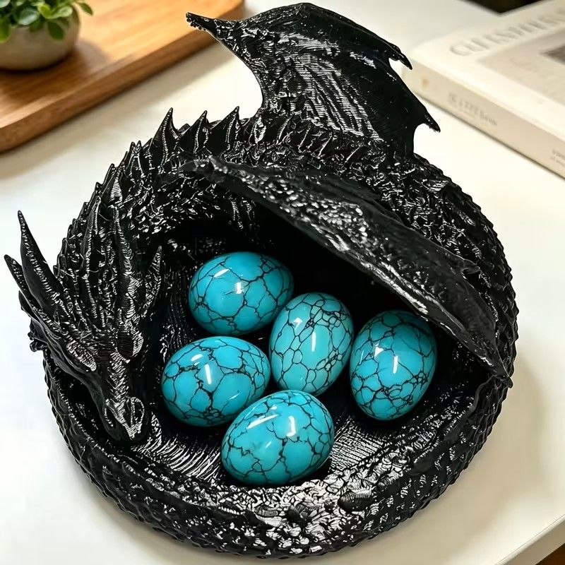 Dragon-Shaped Crystal Storage Tray with 5pcs Turquoise Eggs