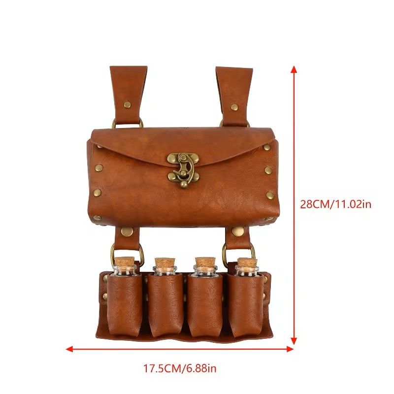 Vintage Multi-functional Waist Bag with Four Glass Bottle Storage Pouches, Medieval Ancient Style Anime Convention Stage Costume Storage Prop