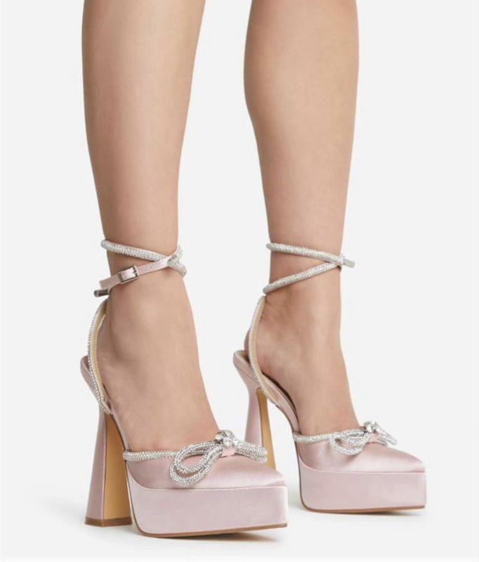 Queen Chadon Pink Diamante Bow-Tied Pointed Toe Platform Flared Block Heel in Satin