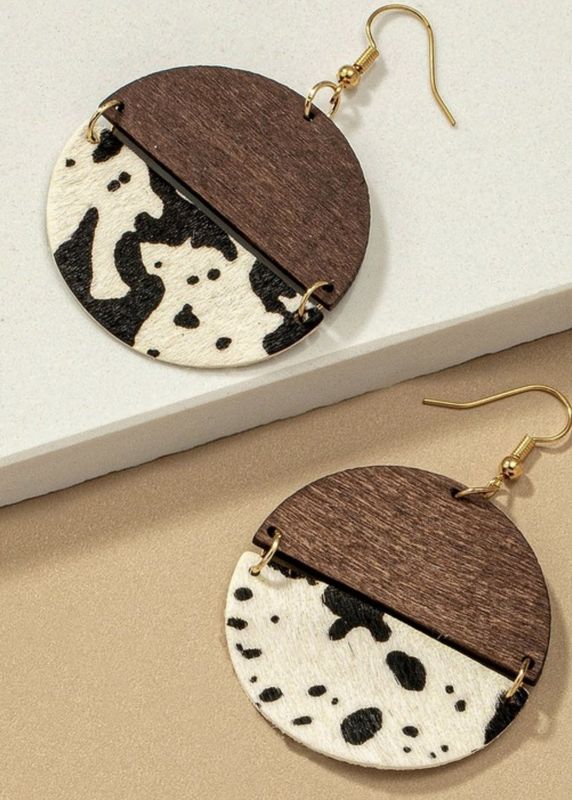 Queen Jaime Animal Print Cattle Half Wood Half Genuine Leather Circle Drop Earrings