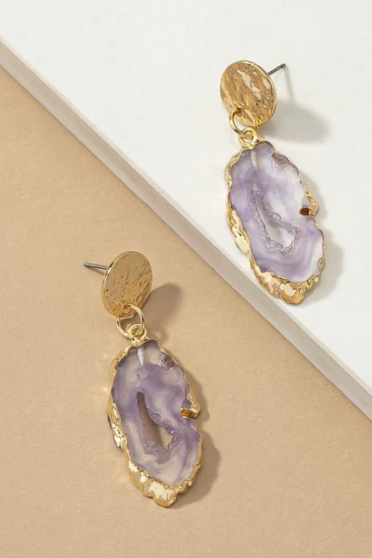 Queen Monica Violet Small Faux Agate Drop Resin Earrings topped by a hammered disk