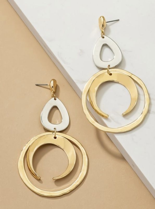 Queen Bertha Silver and Gold Two Toned Crescent and hoop drop earrings with hammered finish