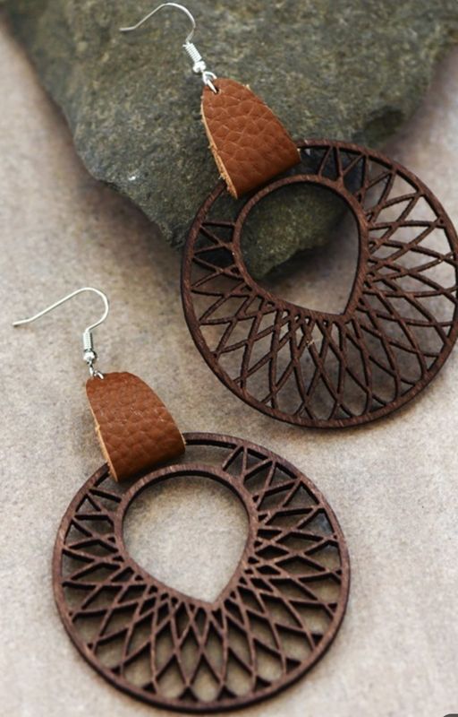 Queen Tawana Brown Bohemian Filigree Laser Cut Wood Earrings with Brown Leather Accent