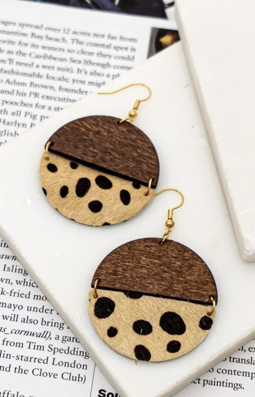Queen Jaime Animal Print Leopard Half Wood Half Genuine Leather Circle Drop Earrings