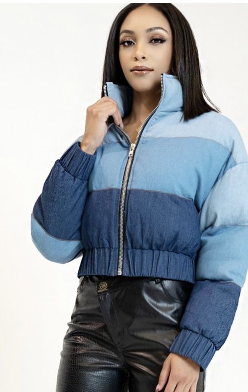 Queen Kay Denim Multi-colored Block, Elasticized Waist, Front Zip Closure, Cropped Length Bodice, Relaxed Fit Bodice