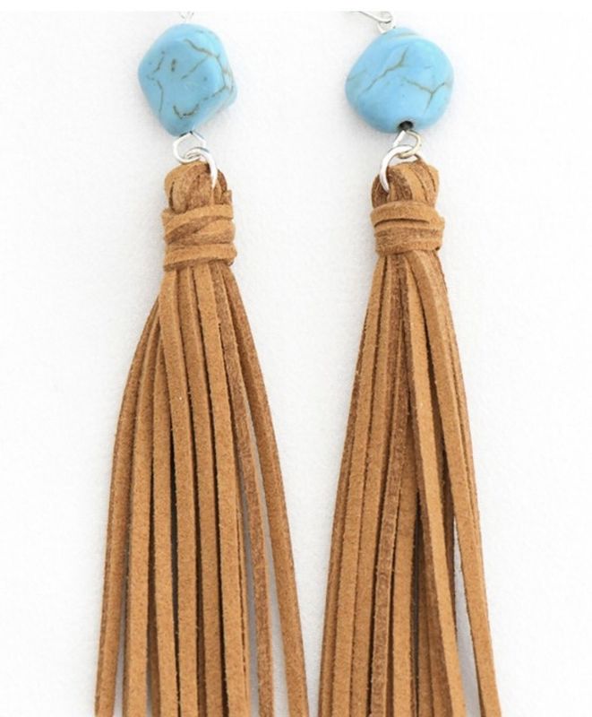 Queen Gerika Brown Bohemian Suede Leather Tassel, Natural Blue Turquoise Stone Earrings