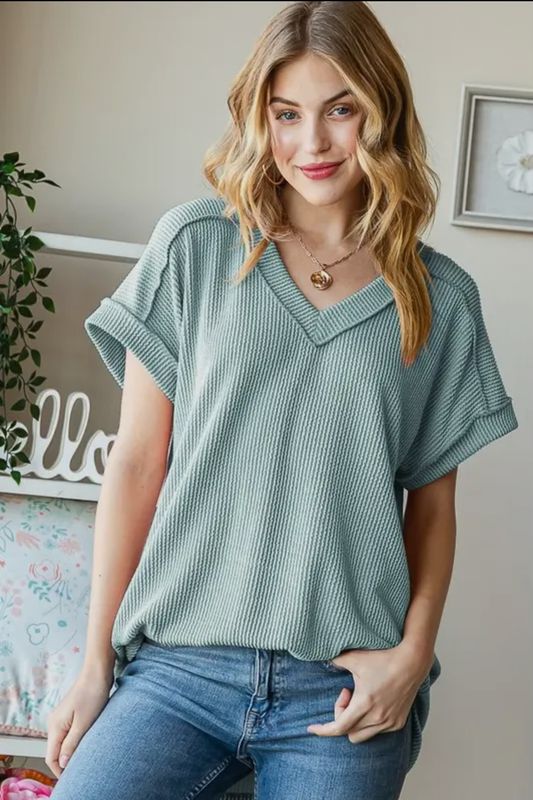 V Neck Solid Ribbed Top