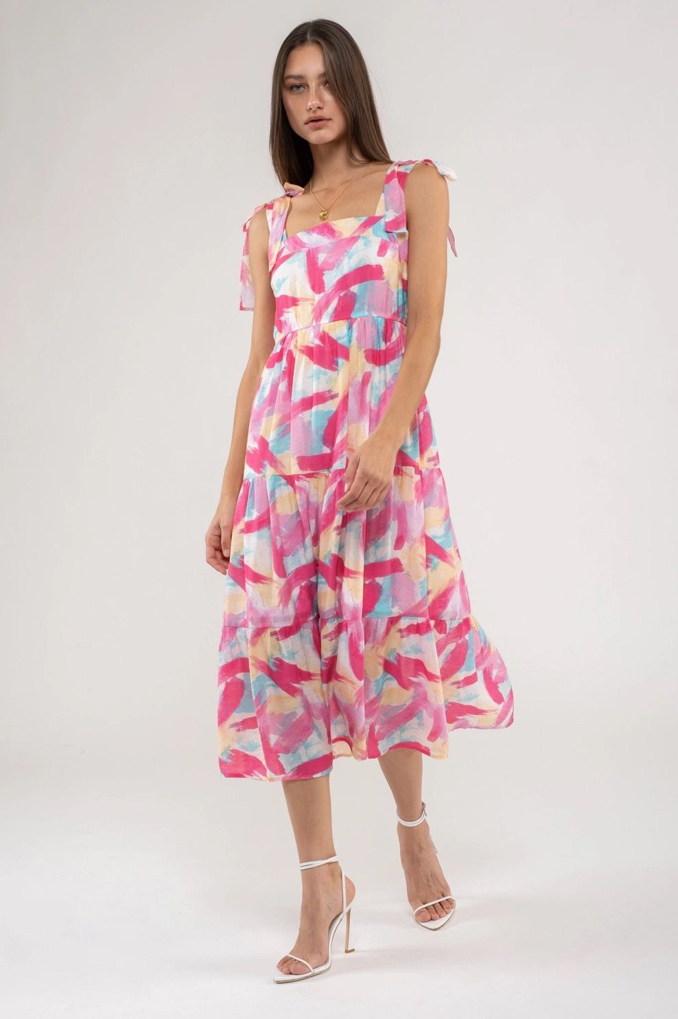 Brush Stroke Tiered Midi Dress, Color: Fuchsia, Size: Small
