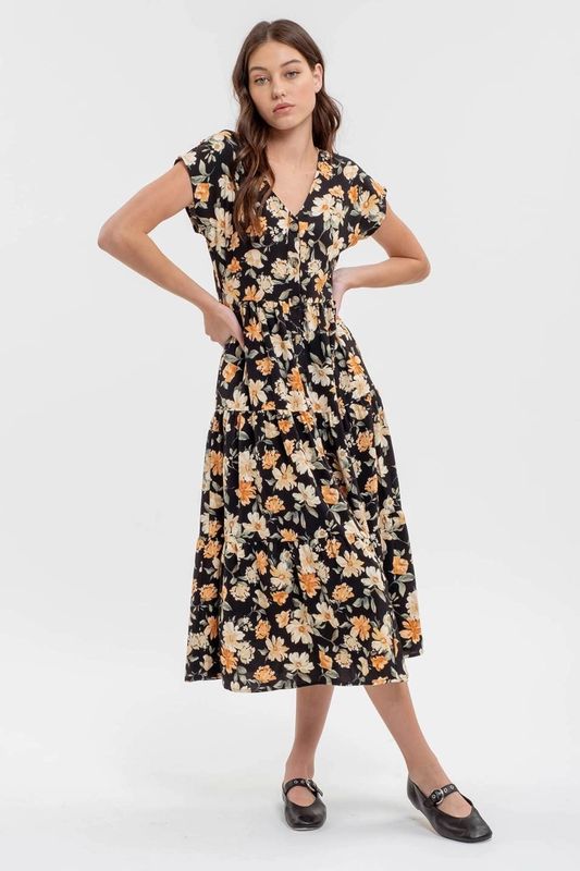 Button Down Tiered Floral Midi 