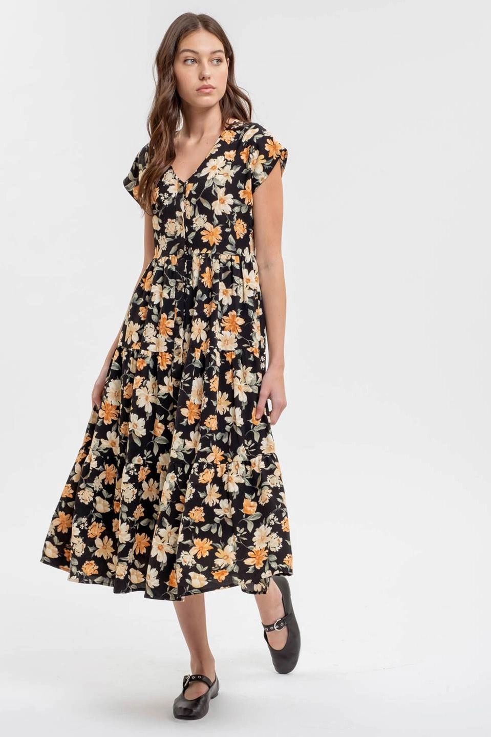 Button Down Tiered Floral Midi , Size: Small