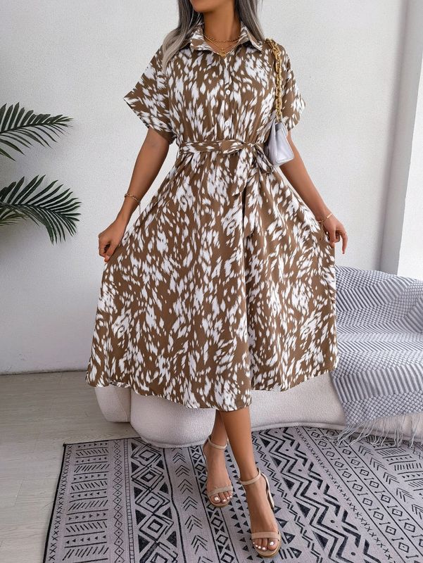 Casual Loose Leopard Print Lace Up Dress