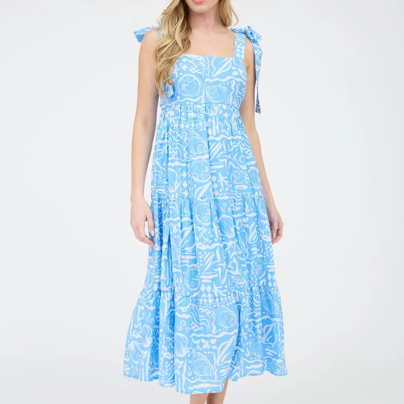 Sea Print Tie Strap Tiered Midi Dress