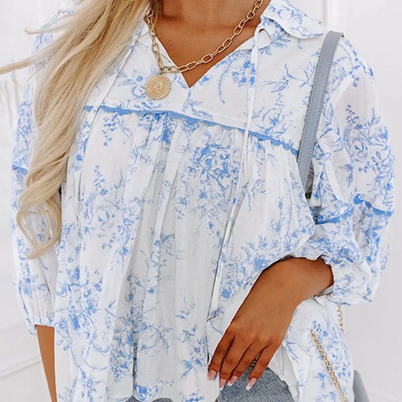 Sky Blue Floral 3/4 Sleeve Tied Collar Top