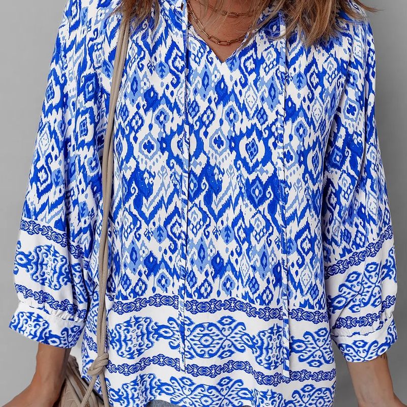 Blue Boho Printed 3/4 Sleeve Top