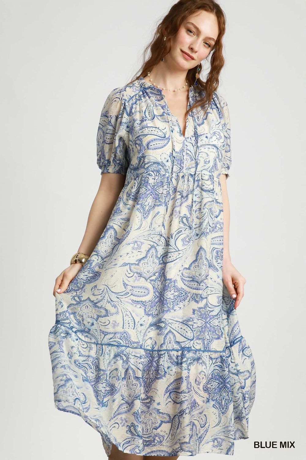 Umgee Blue Mix Tiered Floral Print Dress