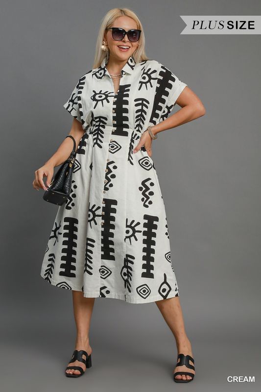 Umgee Abstract Print Button Down Midi Dress