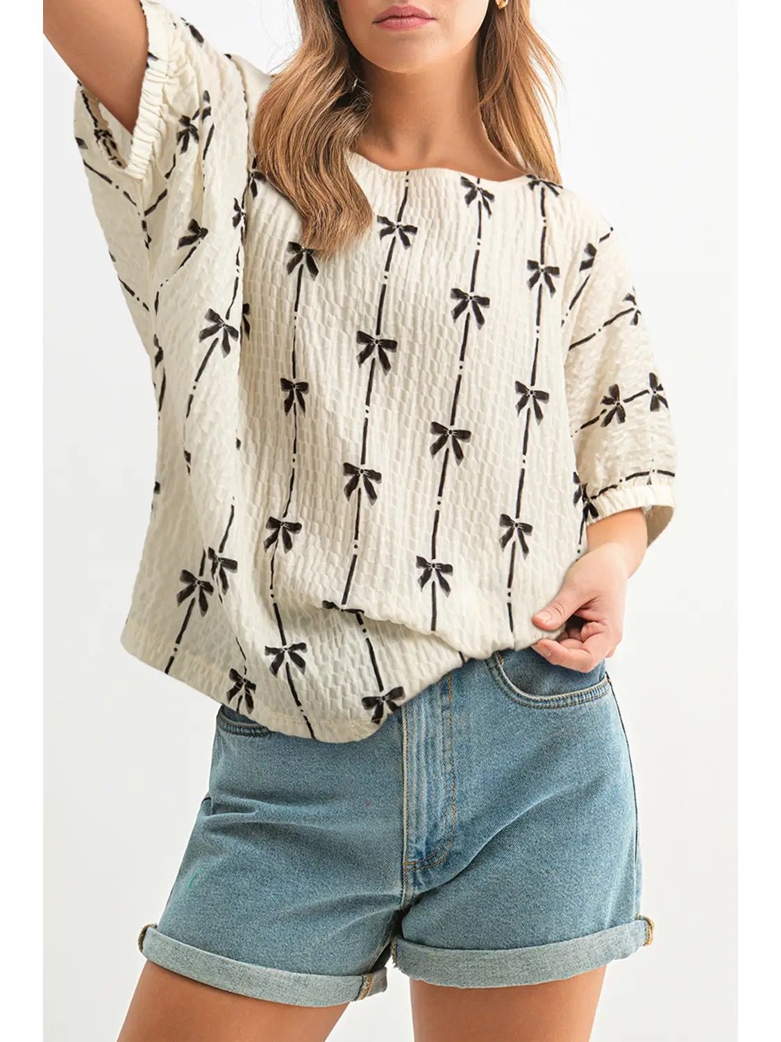 Bow Print Puff Short Sleeve Top