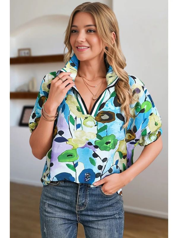 Floral Print Split V NeckTop