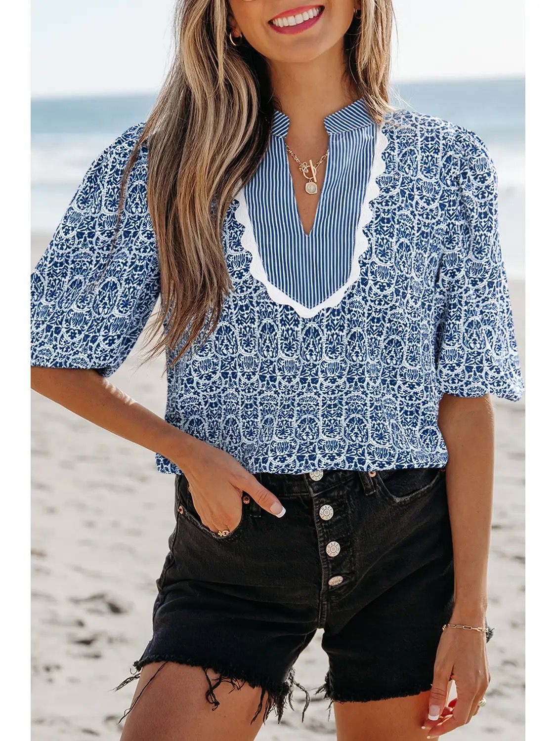 Floral Striped Contrast Ric-rac Puff Sleeve Top