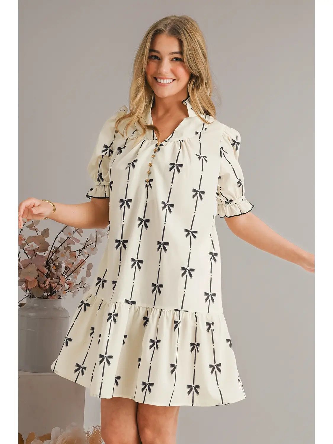 Bowknot Print Puff Leeve Dress