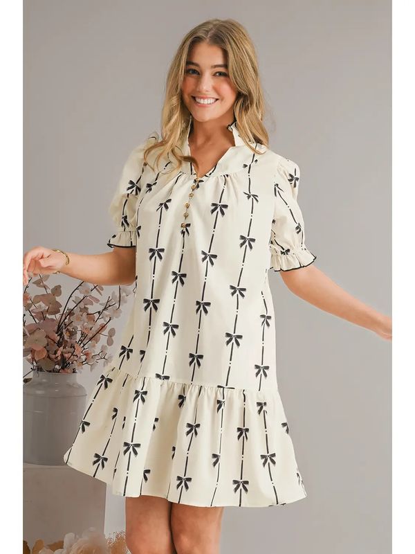 Bowknot Print Puff Leeve Dress