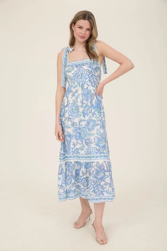 Floral Trim Detail Tie Strap Midi Dress