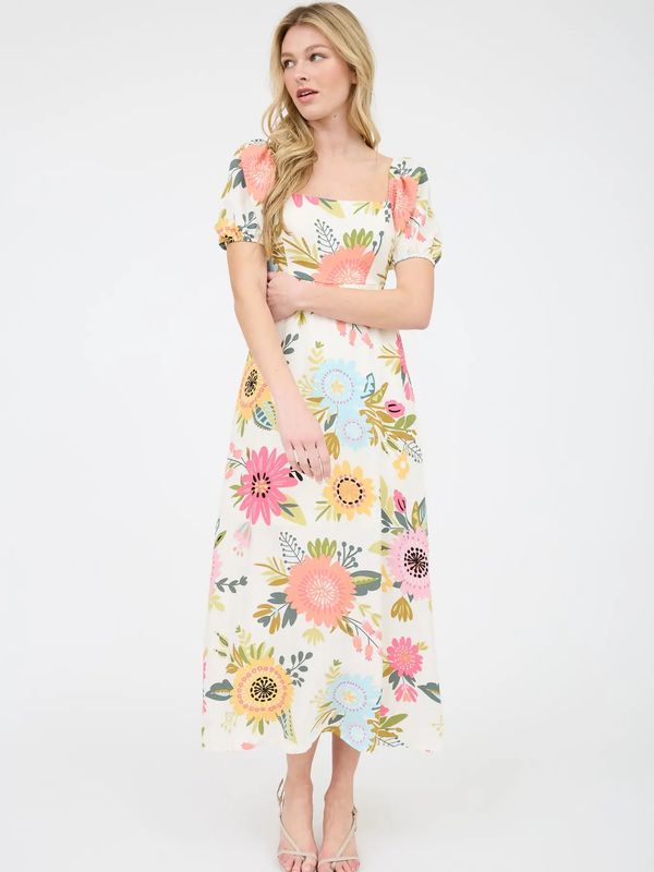 Floral Print Short Puff SleeveA-Line Midi Dress - Pink