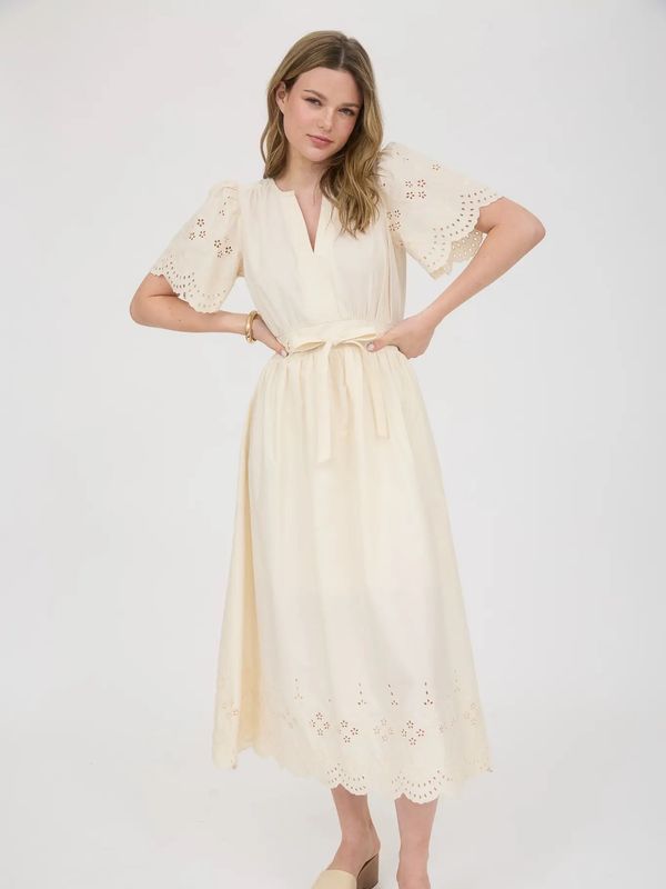 Embroidery Eyelet Detail Belted Midi Dress