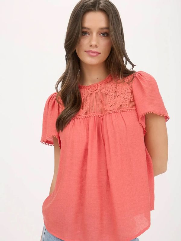 Sheer Lace Yoke Pom Pom Blouse